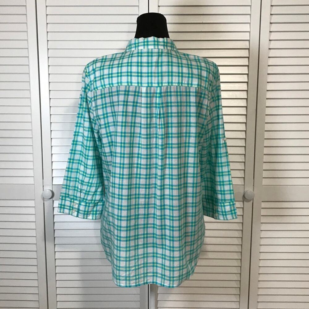St John’s Bay Green White Plaid Semi Sheer Roll Tab Sleeves Shirt Women L - Picture 3 of 8